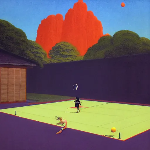 Prompt: playing badminton, by kawase hasui, Edward Hopper and James Gilleard, Zdzislaw Beksinski, Steven Outram colorful flat surreal design, hd, 8k, artstation