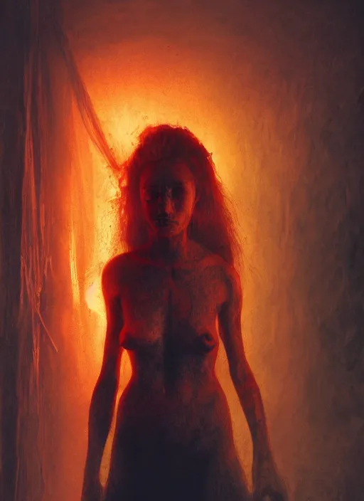 Image similar to rgb, woman, bedroom full of fire, rage, cinematic, movie scene, inspired by zdzislaw beksinski, clothes made out of veins,, cables everywhere, bedroom, ultra realistic, concept art, intricate details, highly detailed, photorealistic, octane render, 8 k