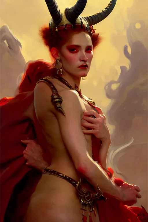 Image similar to painted close - up portrait of a very attractive red - skinned intimidating demon queen with ram horns! oil painting, wearing a noblewoman's outfit, fantasy art by john singer sargent and gaston bussiere and james jean and greg rutkowski, demon noble character design, hd