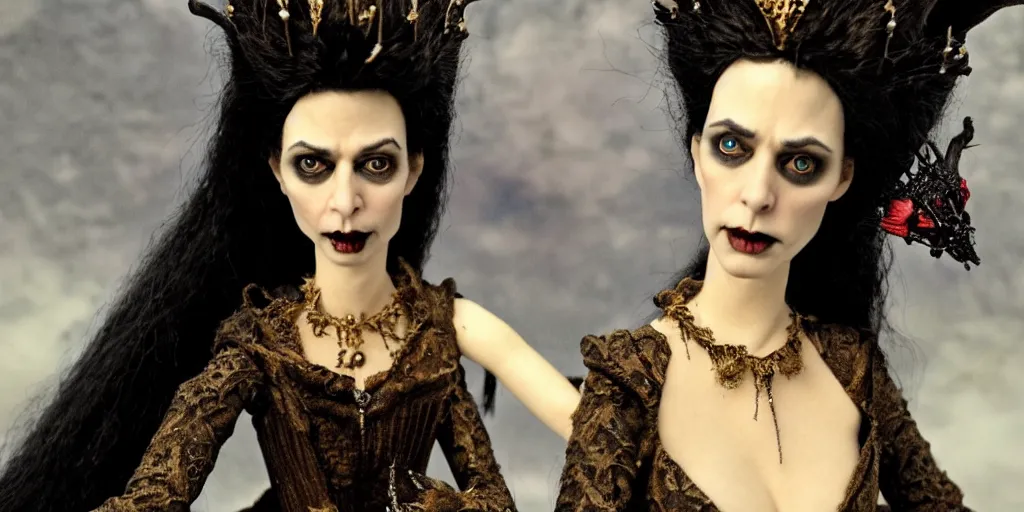 Prompt: photo taken of an epic intricate, ultra detailed, super realistic stop motion puppet of a majestic gracious regal aristocratic brunette female vampire and gothic filmset created by weta workshop and tim burton, menacing, wide angle, full body shots, photorealistic, sharp focus, gloomy, extremely cold blueish colour temperature, 3 5 mm, f 1. 4, golden ratio