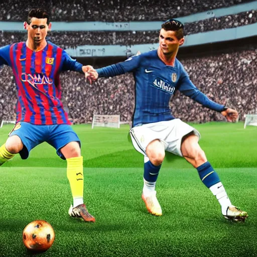 Prompt: messi and cristiano ronaldo playing football together, 8 k, 4 k uhd, realistic, hyper realistic, super detailed, very detailed, detailed