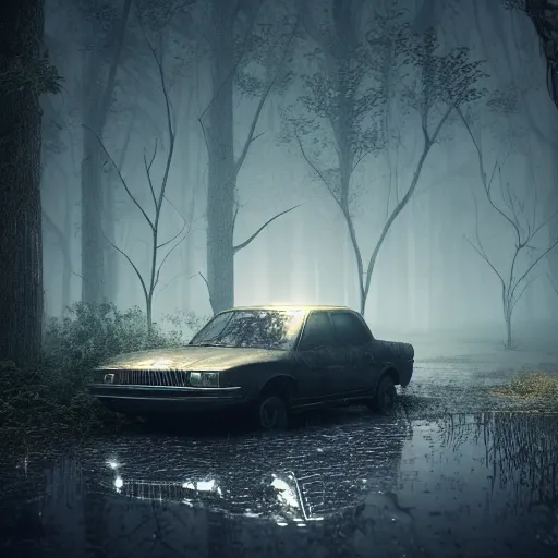 Prompt: old car with headlights on sinking in beautiful dark foggy swamp, in the style of beeple and Mike Winkelmann, intricate, epic lighting, cinematic composition, hyper realistic, 8k resolution,