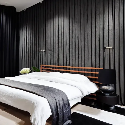 Image similar to bedroom, interior design, stylish luxury hotel bedroom design, black vertical slatted timber, !stone, textures, feminine, black walls, art, vase with flowers, Japanese and Scandinavian influences