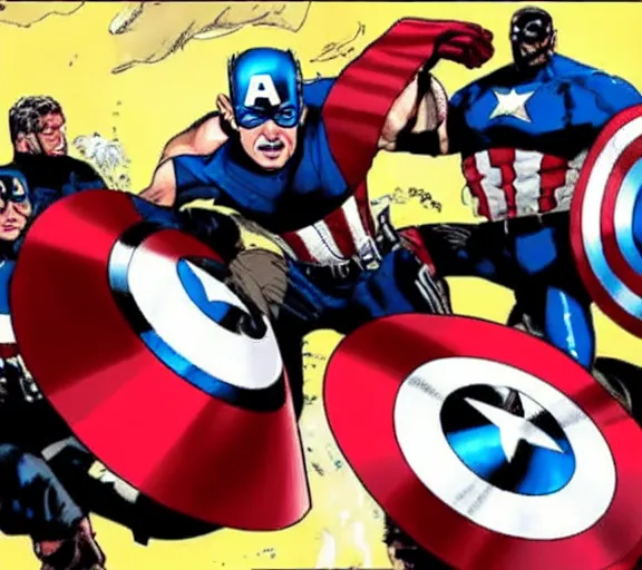 Prompt: photo of captain America violently hitting Joe Biden with his shield