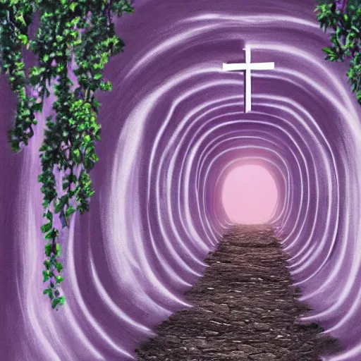 Image similar to a christian cross as the light is shining at the end of the tunnel, paradise outside of the tunnel, with pale purple and pale pink lighting, cute, aesthetic, anime, dark tunnel, with a few vines and overgrowth, studio ghibli, cinematic, painting, high definition, digital art, symmetrical, very detailed, extremely high detail, photo realistic, concept art, unreal engine 5,