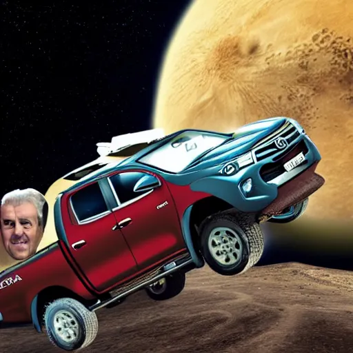 Image similar to A realistic digital photograph of Jeremy Clarkson from the television show Top Gear driving a Toyota Hilux pickup truck to the Moon