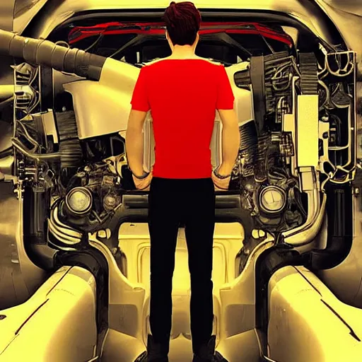 Prompt: man standing inside a v 8 engine, pistons are firing in the background, he is panicking, digital art, in the style of artgerm