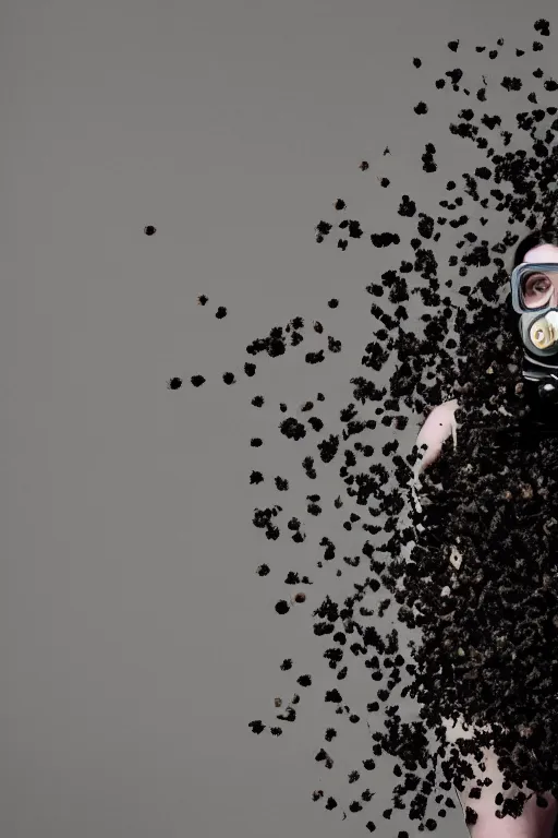 Image similar to a surreal portrait of a woman wearing gas mask diving into the ground of black flowers in the style of brooke didonato, editorial fashion photography from vogue magazine, full shot, nikon d 8 1 0, ƒ / 2. 5, focal length : 8 5. 0 mm, exposure time : 1 / 8 0 0, iso : 2 0 0