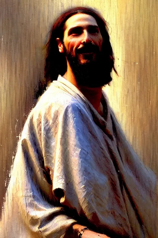 Image similar to impressionist brushstrokes!!!!!!!!! solomon joseph solomon and richard schmid and jeremy lipking victorian loose genre loose painting full length portrait painting of jesus with a slight smile happy inviting