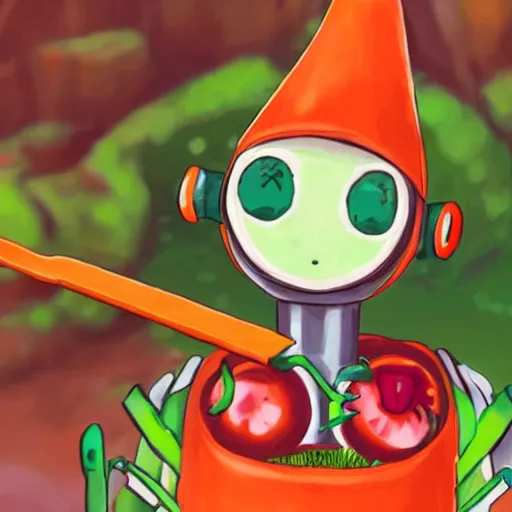 Image similar to cute robot made of plants with big tomato hat and a carrot sword, made in abyss style