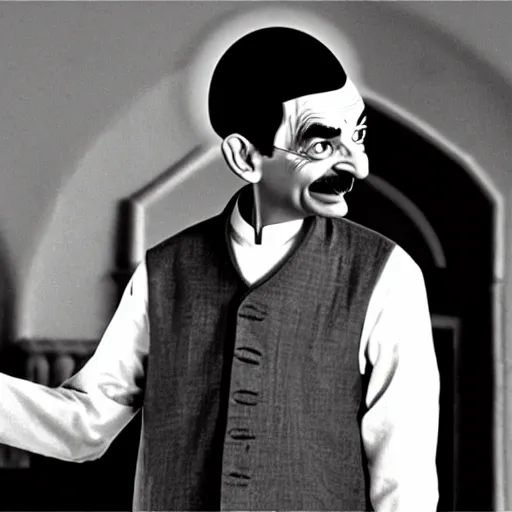 Image similar to mr. bean as mahatma ghandi. movie still. cinematic lighting.