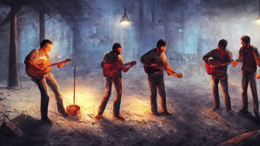 Prompt: three guys in night at the yard speaking while grilling kebabs and one guy playing guitar, highly detailed, cinematic concept art, dramatic lighting, foggy atmosphere, volumetric lighting, fantasy artwork, very beautiful scenery, very realistic painting effect, hd, hdr, cinematic 4k wallpaper, 8k, ultra detailed, high resolution, artstation