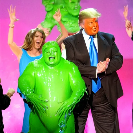 Image similar to trump getting slimed at the kids choice award, 2 0 0 8, crt television