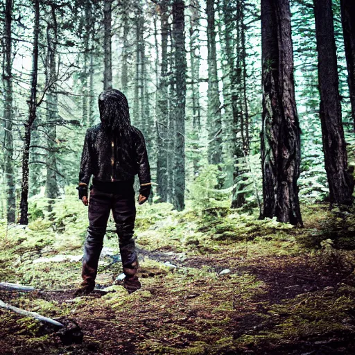 Image similar to picture of Metalhead standing in Dark boreal forest