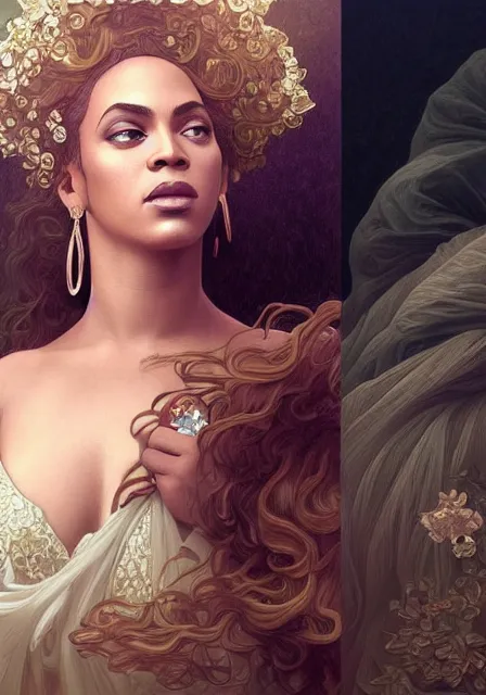 Image similar to beyonce and adele, intricate, elegant, highly detailed, digital painting, artstation, concept art, smooth, sharp focus, illustration, art by artgerm and greg rutkowski and alphonse mucha and william - adolphe bouguereau