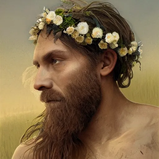 Image similar to portrait of the god of the meadow, 30 years old, upper body!!!!! meadow, flower crown, rugged, male, long hair, gorgeous, detailed face, amazing, hairy torso, muscular, intricate, highly detailed, digital painting, artstation, concept art, sharp focus, illustration, art by greg rutkowski and alphonse mucha