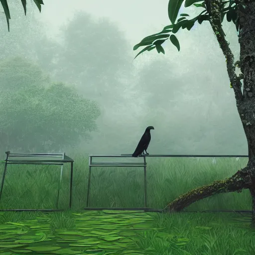 Image similar to a big friendly jungle crow in a park in a rainy day, digital painting, ultra detailed, unreal engine 5