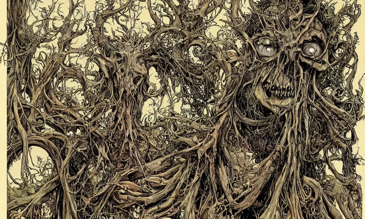 Image similar to hyperdetailed art nouveau portrait of treebeard as a cthulhu eyeball skull wendigo cryptid, by geof darrow, simon bisley and bill sienkiewicz, grim yet sparkling atmosphere, photorealism, claws, skeleton, antlers, fangs, forest, wild, crazy, horror, lynn varley, lovern kindzierski, steve oliff