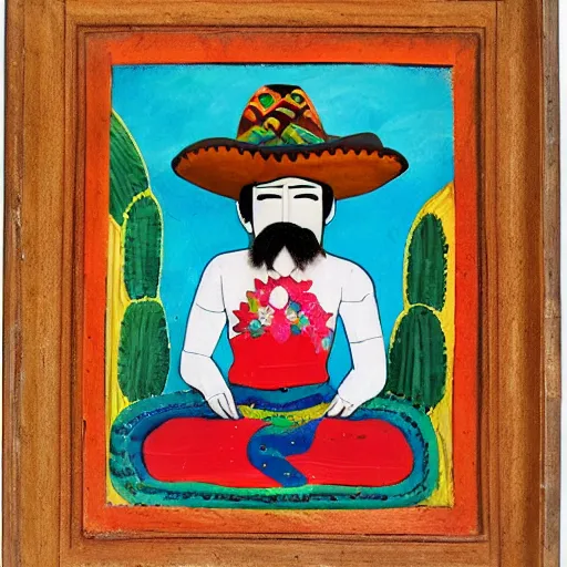 Prompt: mustachioed mexican vaquero sitting lotus position, mexican folk art