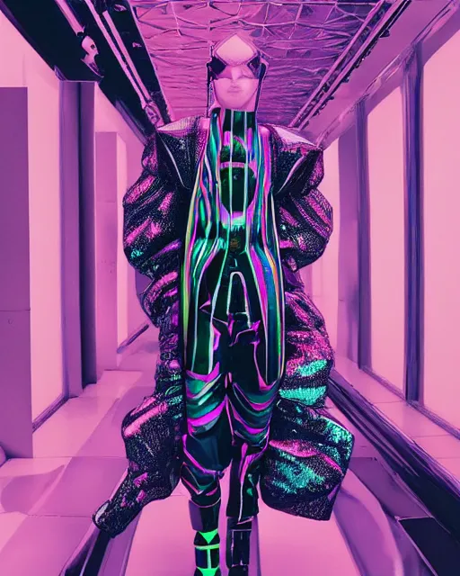 Image similar to an award winning fashion photograph leaked screenshot of Balenciaga's fashion week 2049 campaign by Demna Gvasalia, cyberpunk, futuristic, Bladerunner 2049, dazzle camouflage!, dayglo pink, dayglo blue, raven black