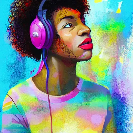 Image similar to lo-fi colorful masterpiece painting, black girl, curly hair, with headphones, studyng in bedroom, window with rio de janeiro view, lo-fi illustration style, by WLOP, by loish, by apofis, alive colors