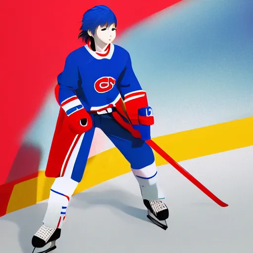 Image similar to cute anime girl ice hockey player, wearing a light futuristic habs jersey, blue white and red color blocking, character concept exploration, akira, ghost in the shell, outfit designs, trending on artstation, photorealistic, 8k