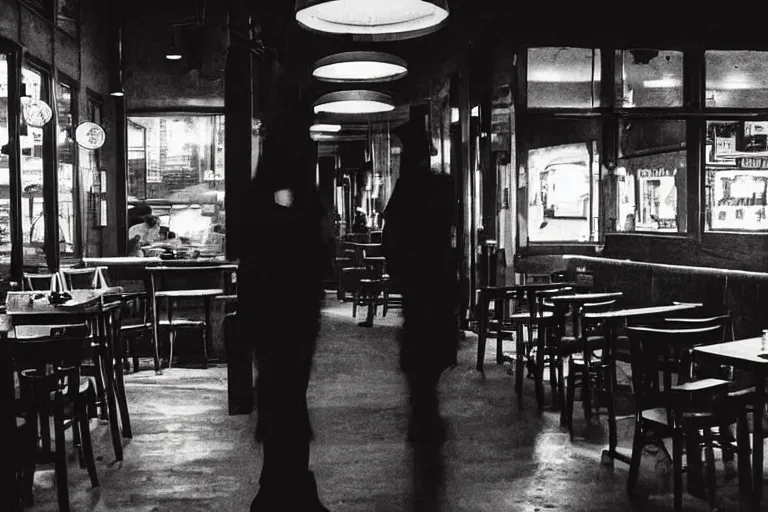 Prompt: eerie 2 0 0 0 s photograph of a demon standing in a dimly lit cafe