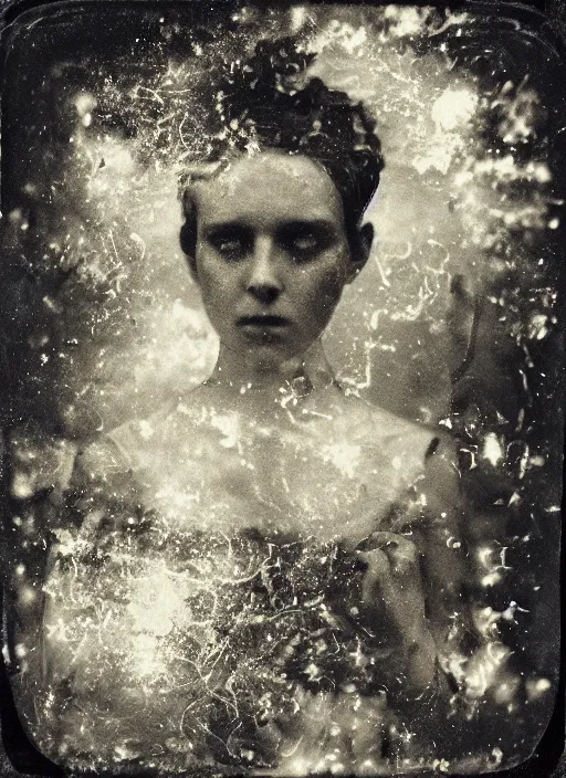 Image similar to old wetplate daguerreotype portrait, explosion of data fragments, fractal, intricate, elegant, highly detailed, parallax, leica, medium format, subsurface scattering, by marie harnett