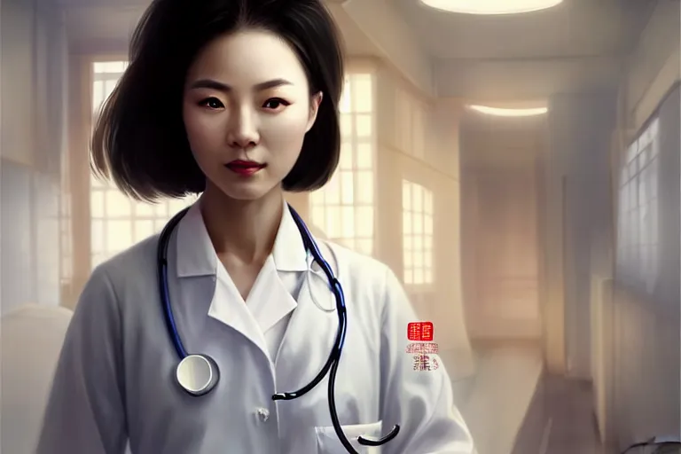 Image similar to an elegant and beautiful chinese female doctor in a white coat in a hospital ward, cinematic, highly detailed, digital painting, artstation, concept art, matte, sharp focus, illustration, art by artgerm and greg rutkowski