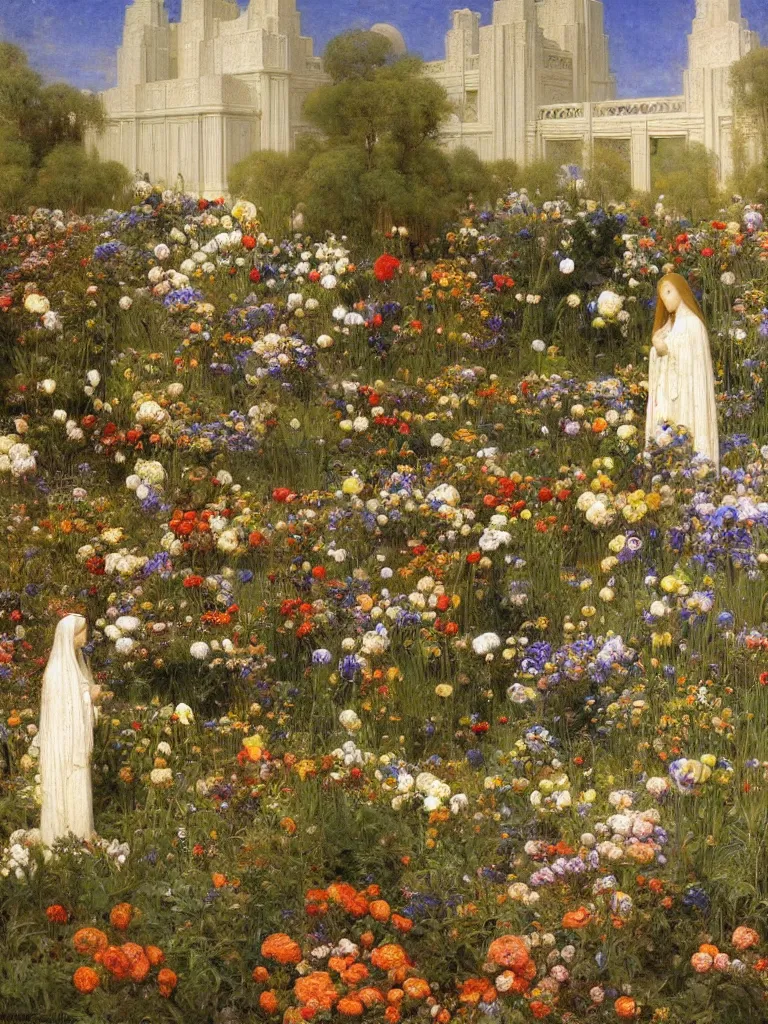 Image similar to the grand temple of flowers, by thomas cooper gotch and frederick arthur bridgman. pre raphaelite, art nouveau, fantasy architecture, symmetry