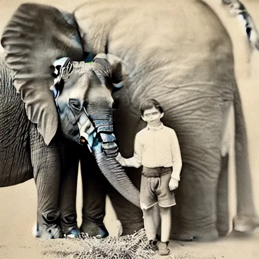 Image similar to an extremely detailed photo by john l. gaunt of a small boy standing next to an elephant with an extremely long trunk