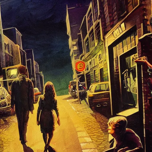 Image similar to detailed details photorealistic pictures of horror movie poster about night on mathilda street in the style of bob peak and alex ross, gouache and wash paints color, detailed facial and body and human environments and background and foreground and small details and big details proportionate, detailed 5 k details, detailed string text.