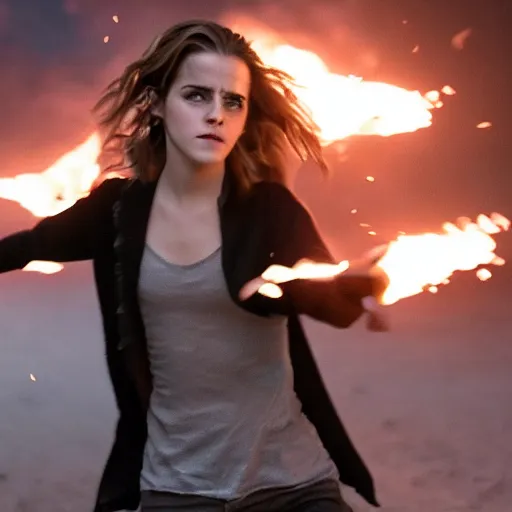 Image similar to Emma Watson on walking through fire, Action movie pyrotechnics shot, 8k UHD, studio photography, high quality, high detail, stunning lighting