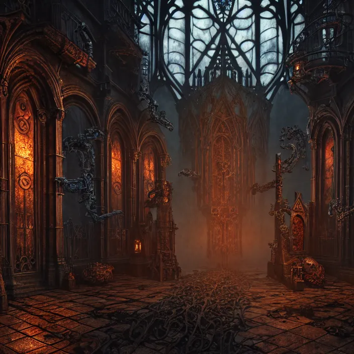 Image similar to steam necropolis, memento mori, gothic, neo - gothic, art nouveau, hyperdetailed copper patina medieval icon, stefan morrell, philippe druillet, ralph mcquarrie, concept art, steampunk, unreal engine, detailed intricate environment, octane render, moody atmospherics, volumetric lighting, ultrasharp, ominous, otherworldly