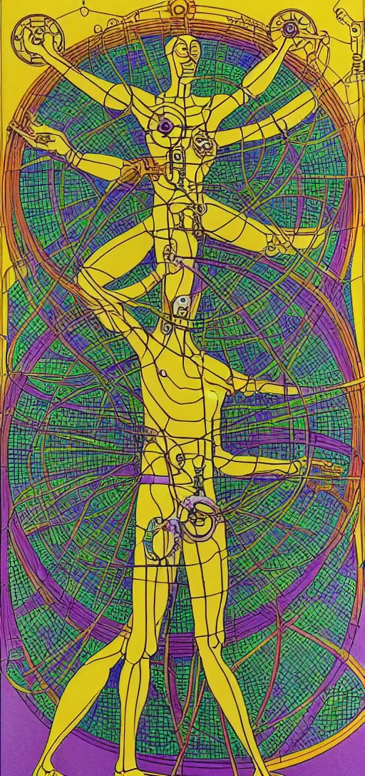 Prompt: vitruvian man dissolving into cybernetic transhumanistic bio mechanical game console, basil wolverton, high detail, studio ghibli, mc escher, picasso, dali, muted but vibrant colors, cubism, gold speckles, rainbow tubing, golden ratio, sparse symmetry