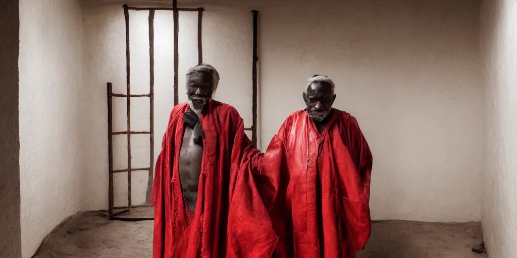 Prompt: a cinematic portrait of an old african man dressed in leather robes, in a small brilliant white prison cell, red color theme, dust storm, annie leibovitz and zack snyder, 8 k, hd, high resolution, 8 5 mm, f / 1. 8