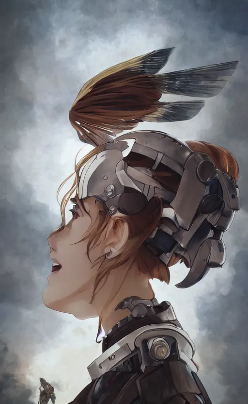 Image similar to side portrait mechanized valkyrie, anime style, world war 2, vintage clothing, spread wings, short hair, hair down, symmetrical facial features, from arknights, hyper realistic, 4 k, rule of thirds, extreme detail, detailed drawing, safebooru, hd, d & d, realistic lighting, by alphonse mucha, greg rutkowski, backlit