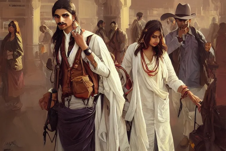 Image similar to Anxious good looking pale young Indian doctors wearing Western clothes at the airport, portrait, elegant, intricate, digital painting, artstation, concept art, smooth, sharp focus, illustration, art by artgerm and greg rutkowski and alphonse mucha