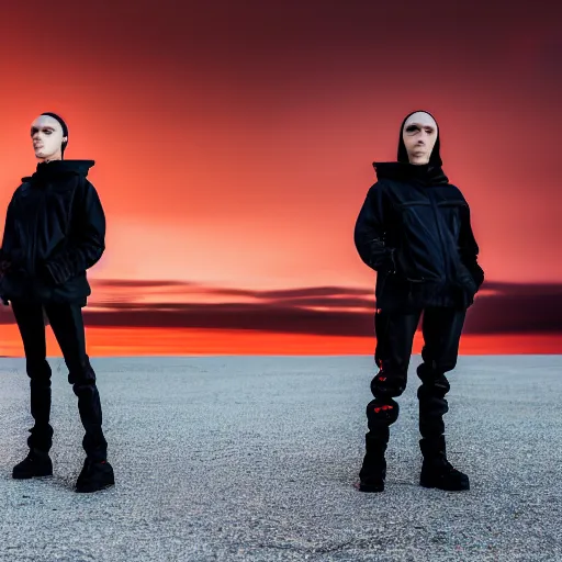 Image similar to photographic portrait of 2 clones in front of a brutalist metal building, 2 techwear women, on a desolate plain, red sky, sigma 8 5 mm f / 1. 4, 4 k, depth of field, high resolution, 4 k, 8 k, hd, full color