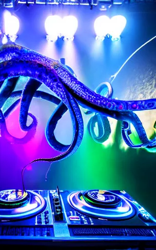 Image similar to award winning photo of an octopus! as a dj with tentacles! simultaneously placed turntables cdjs and knobs of a pioneer dj mixer. sharp, blue and fuschia colorful lighting, in front of a large crowd, studio, medium format, 8 k detail, volumetric lighting, wide angle, at an outdoor psytrance festival main stage at night