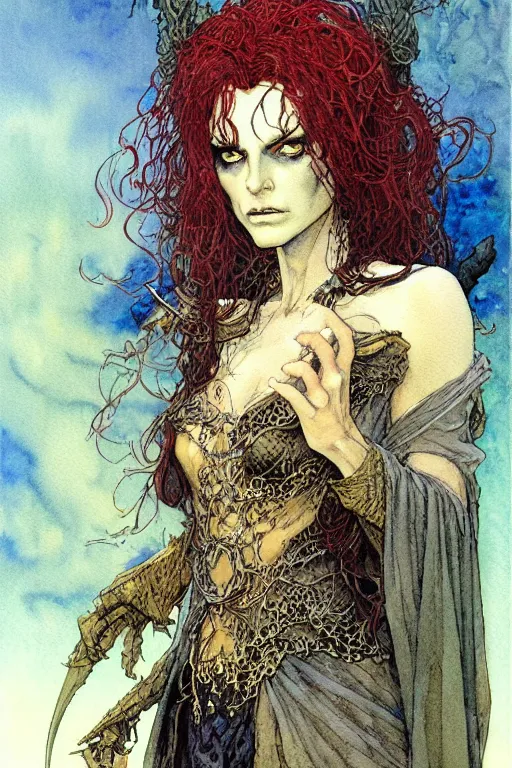 Image similar to a realistic and atmospheric watercolour fantasy character concept art portrait of a female necromancer looking at the camera with an intense gaze by rebecca guay, michael kaluta, charles vess and jean moebius giraud