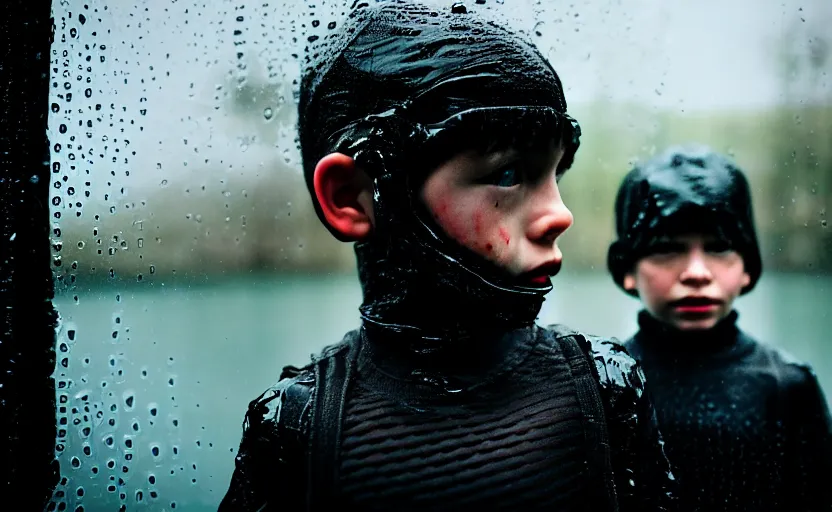 Image similar to cinestill 5 0 d candid photographic portrait by helen levitt of two child androids wearing rugged black mesh techwear in treacherous waters, extreme closeup, modern cyberpunk moody depressing cinematic, pouring rain, 8 k, hd, high resolution, 3 5 mm, f / 3 2, ultra realistic faces, ex machina