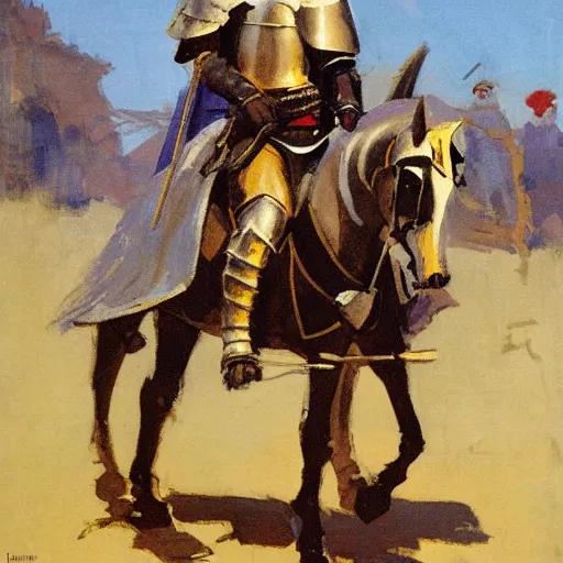 Image similar to portrait of medieval knight on horseback, with jousting gear by greg manchess, bernie fuchs, walter everett, lost edges