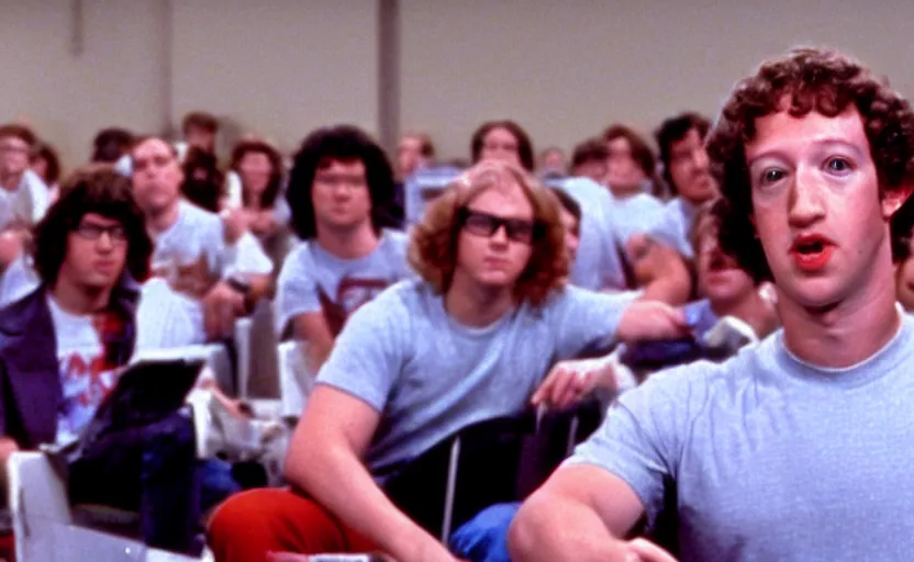 Prompt: film still of mark zuckerberg in movie revenge of the nerds 1984