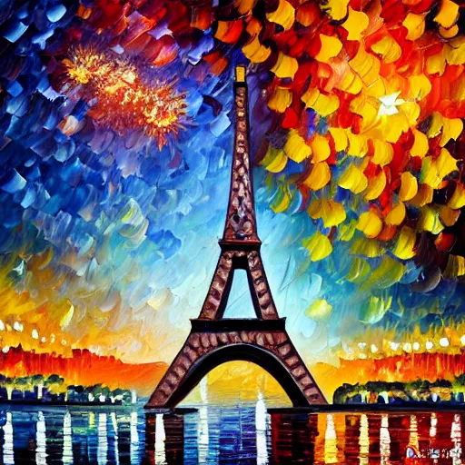 Image similar to Oil painting of Eiffel Tower with fireworks in the sky by Leonid Afremov