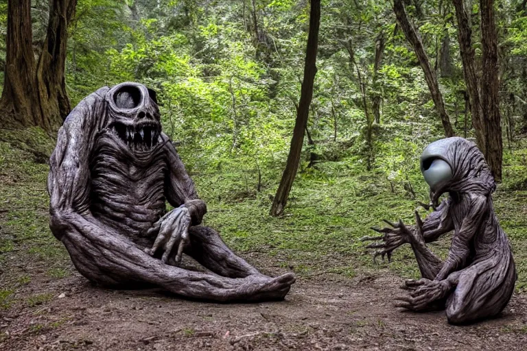 Prompt: high quality scary alienated monster statue sitting at the entrance of a cave in the middle of a forrest, highly detailed, cinematic smooth, stephen shore & john j. park, soft morning light, wide shot, high angle, uhd 8 k, deep focus