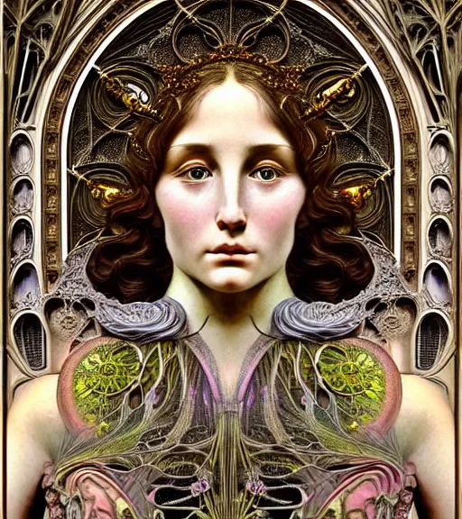 Image similar to hyperrealistic detailed face portrait of a beautiful young goddess morphing into a gothic cathedral, authentic ornamental architecture, intricate and highly detailed, awe inspiring art by ernst haeckel, h. r. giger, alphonso mucha, james jean, gothic, neo - gothic, heavily ornamental, nice deep colours,