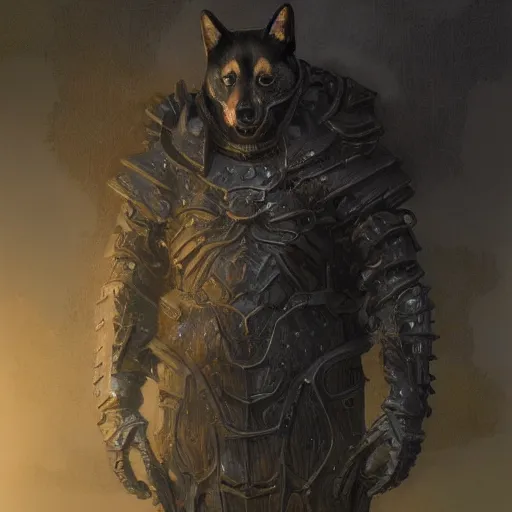 Image similar to bone armor black armor, anthropomorphic shiba inu, shiba inu face, stuning 3 d render, masterpiece, glowing black aura, foggy dark graveyard, by donato giancola and greg rutkowski and wayne barlow and zdzisław beksinski, realistic face