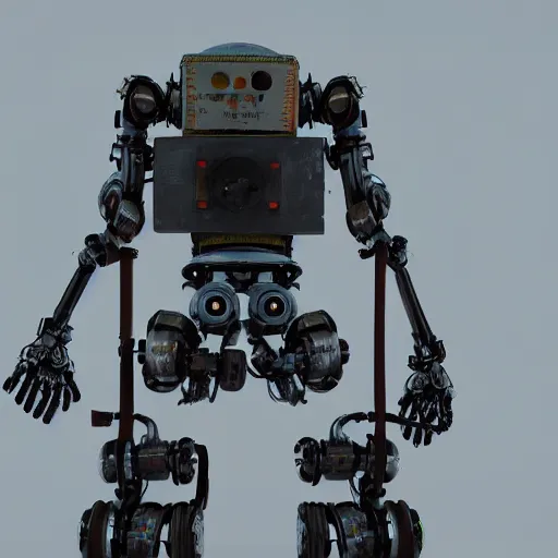 Prompt: a robot made of scrap metal, blender render, photograph, mist, 8 k,