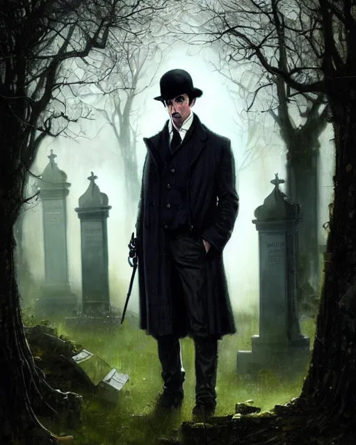 Prompt: sherlock holmes standing in a graveyard, night, detailed, hd, dramatic lighting, by tom bagshaw, by fintan magee, by raymond swanland, by sherree valentine daines